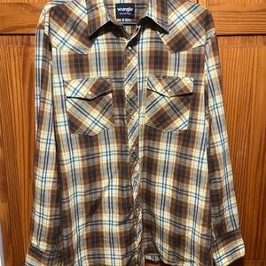Wrangler Bown/Blue Plaid Long Sleeve Pearl Snap Shirt Size XL